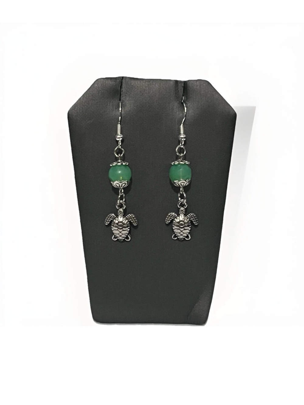 Handcrafted Green Bead Turtle Earrings Silver Tone Beach Boho Gift for Her - Picture 6 of 6